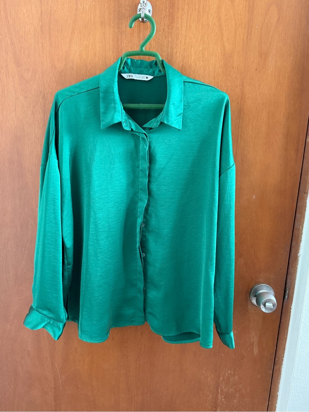 Zara Green Satin Button-Up Shirt